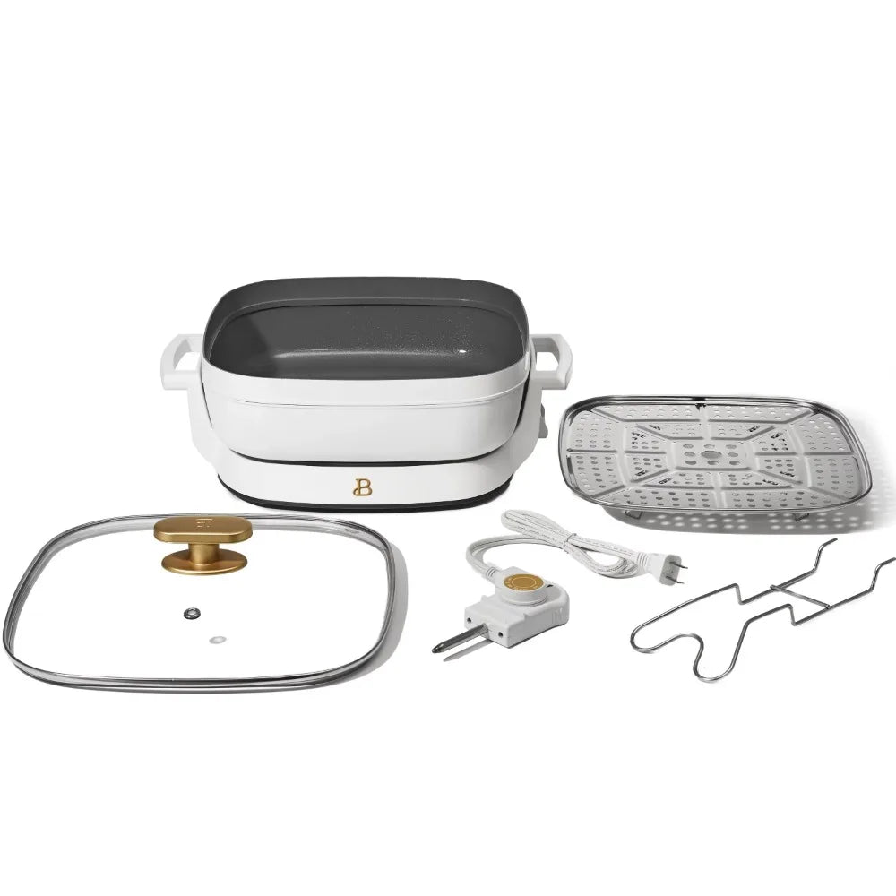 2023 New Beautiful 5 in 1 Electric Skillet - Expandable Up To 7 Qt with Glass Lid, White Icing