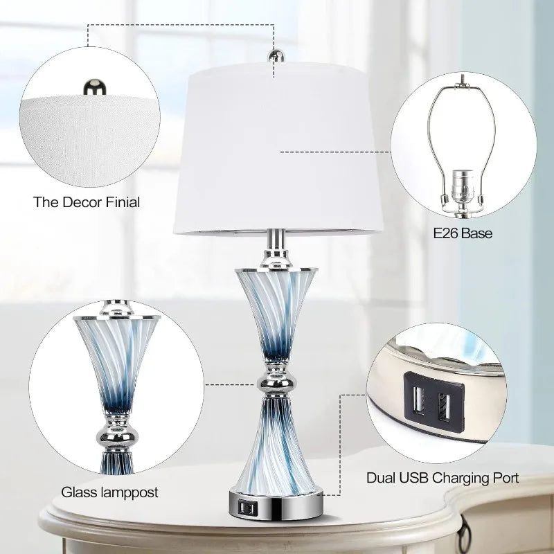 Set of 2 Blue Glass Table Lamps for Bedrooms with 2 USB ports 3-Way Dimmable with 2 LED Bulbs