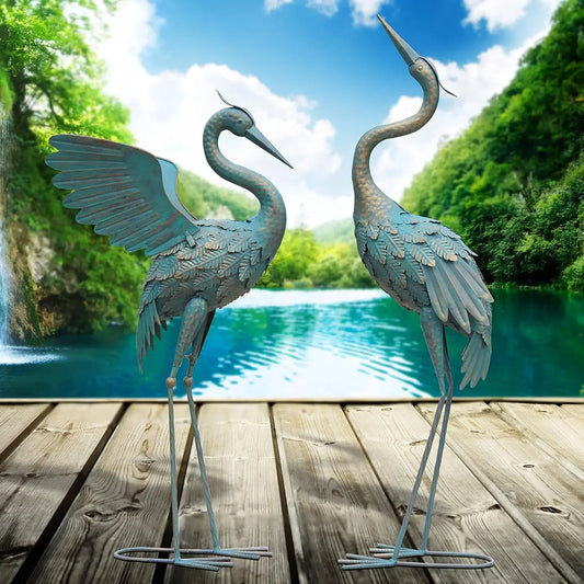 2 Metal Crane Garden Statues