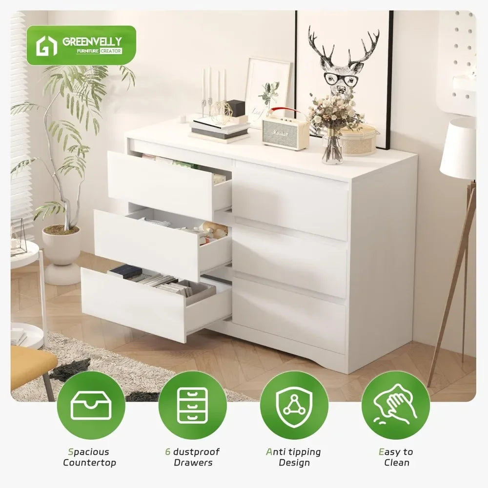 White Modern  Dresser with 6 Deep Drawers, for Bedroom