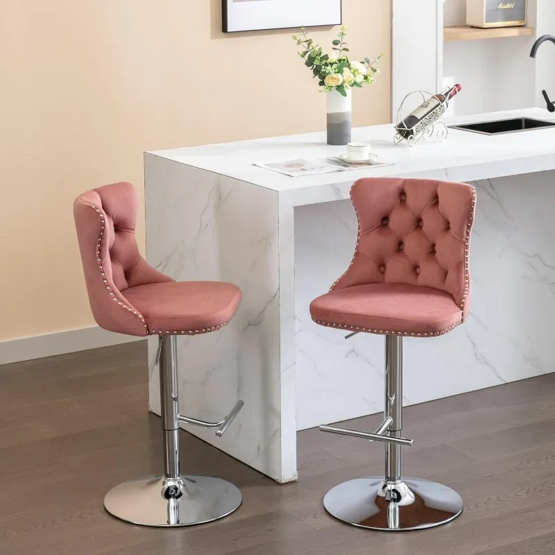 Swivel Bar Stools Set of 2, Adjustable Counter Height Barstools with Nailheads Trim, Button Tufted Back and Silver Footrest,