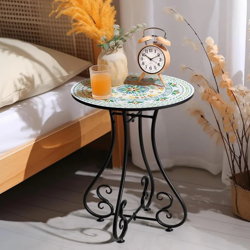 Round Side End Table, 16" Unique Relief Ceramic Tile Table Top with Metal Structure, Small Accent Coffee Tables