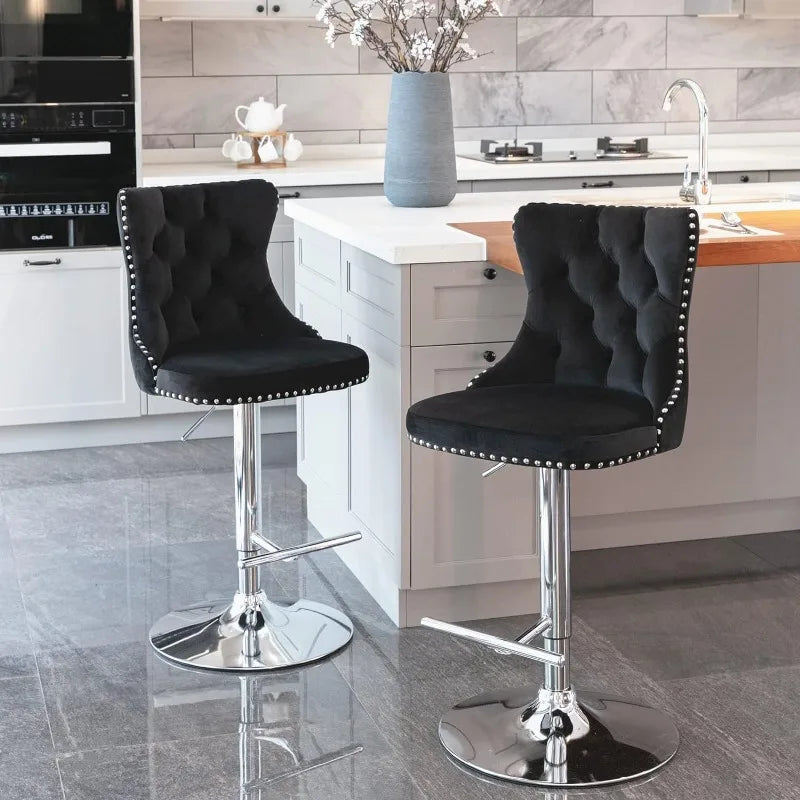 Swivel Bar Stools Set of 2, Adjustable Counter Height Barstools with Nailheads Trim, Button Tufted Back and Silver Footrest,