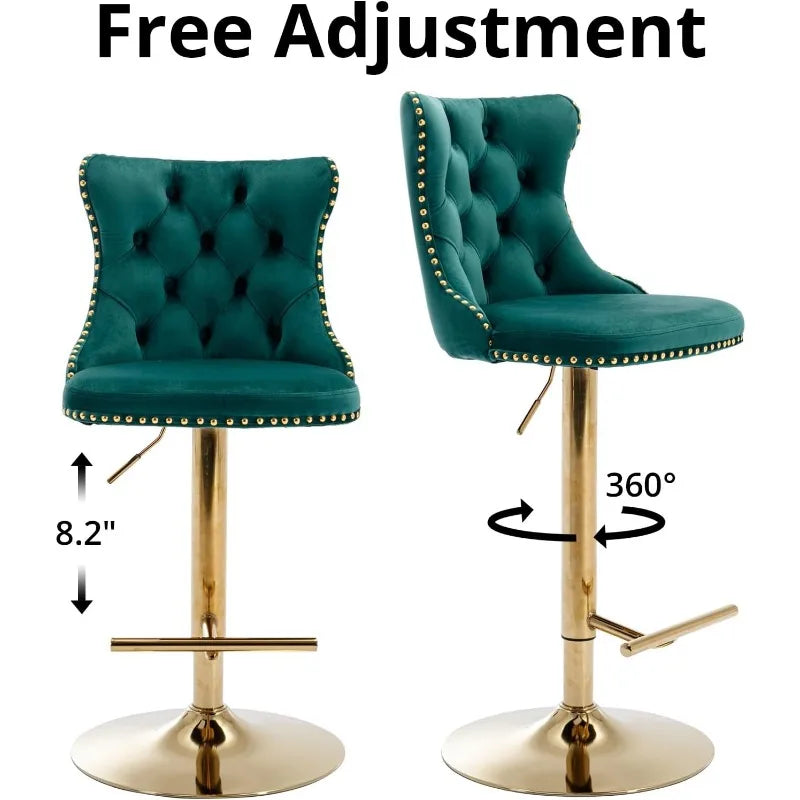 Swivel Bar Stools Set of 2, Adjustable Counter Height Barstools with Nailheads Trim, Button Tufted Back and Silver Footrest,