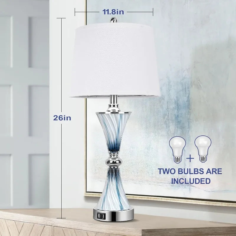 Set of 2 Blue Glass Table Lamps for Bedrooms with 2 USB ports 3-Way Dimmable with 2 LED Bulbs