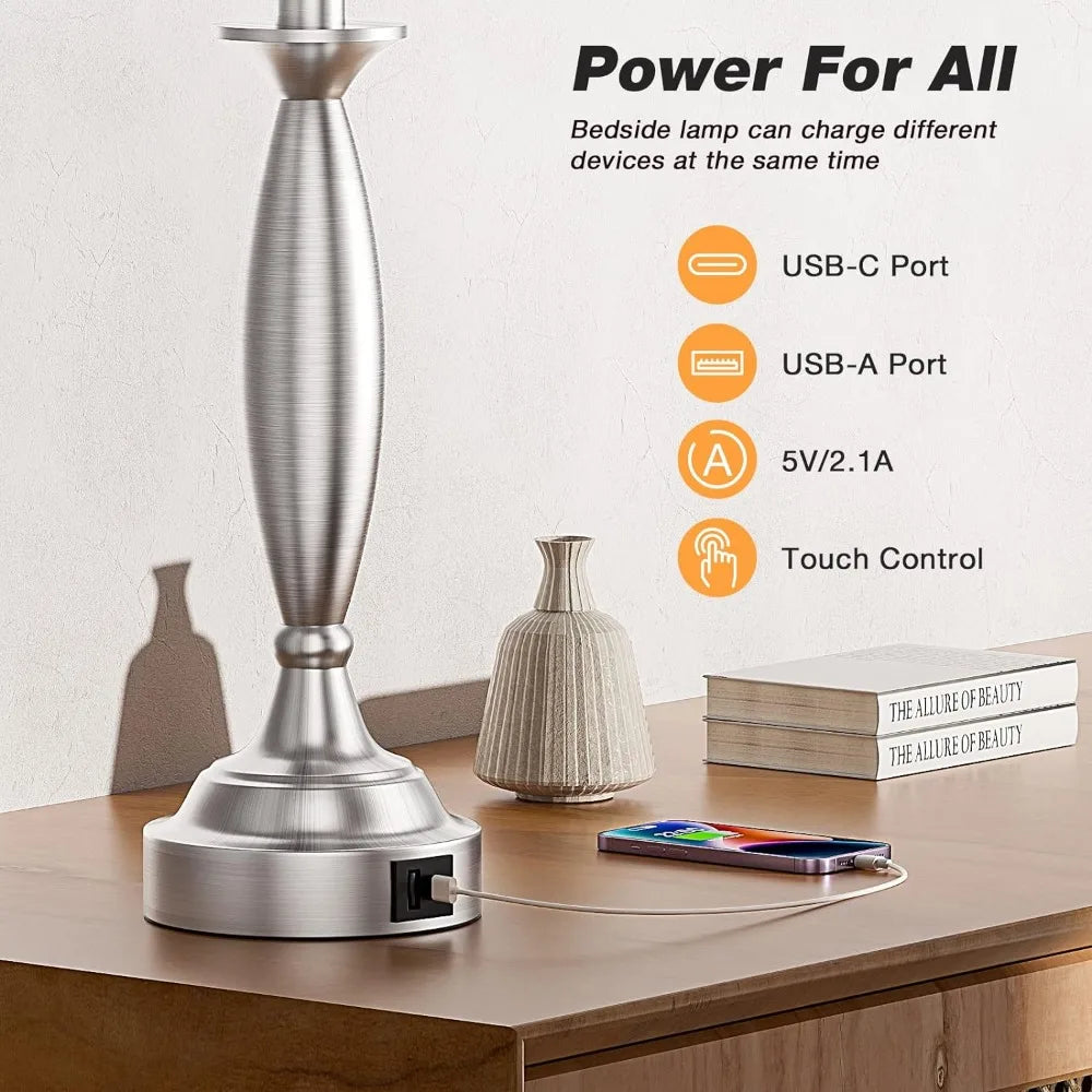 Brushed Nickel Touch Control Bedside Lamp with USB C+A, 3 Way Dimmable