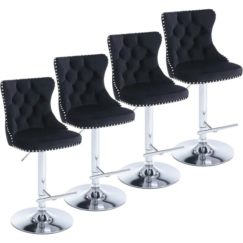 Swivel Bar Stools Set of 2, Adjustable Counter Height Barstools with Nailheads Trim, Button Tufted Back and Silver Footrest,