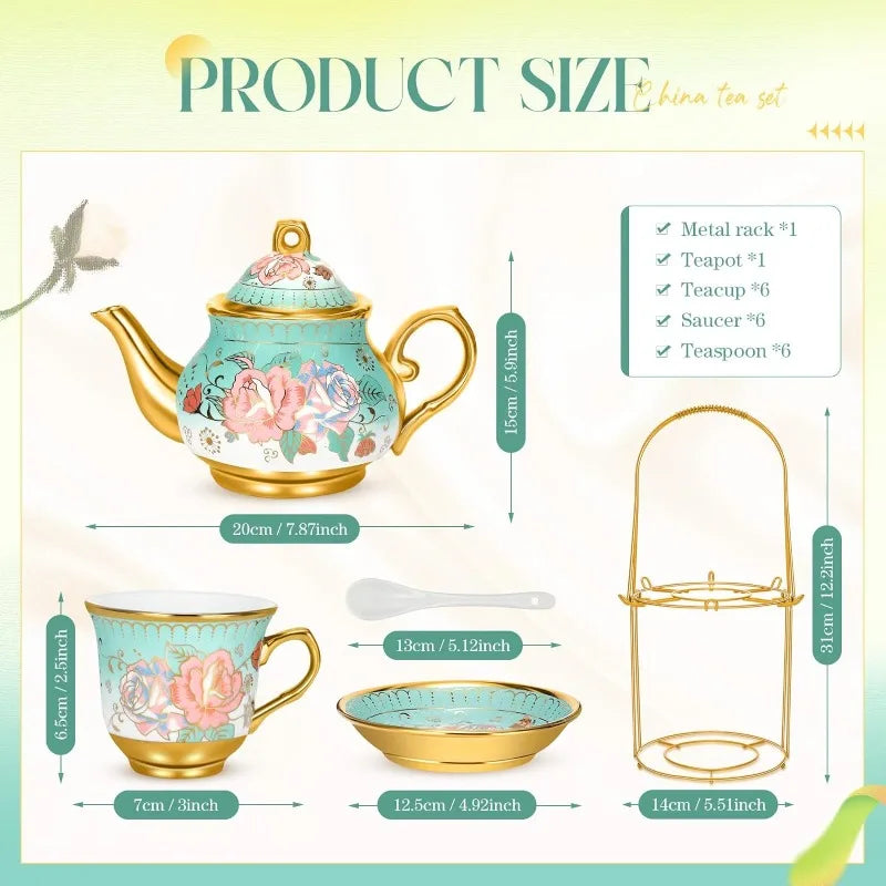 20 Pieces Porcelain European Tea Set for Adults with Metal Holder