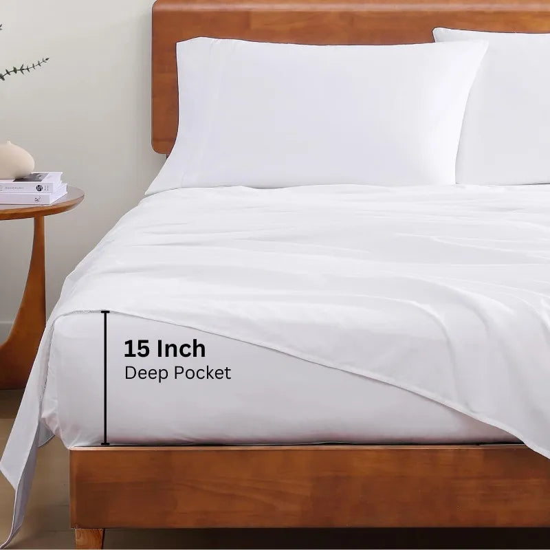 Organic Cotton 4PC Queen Sheet Set, Soft & Breathable Percale Weave, White