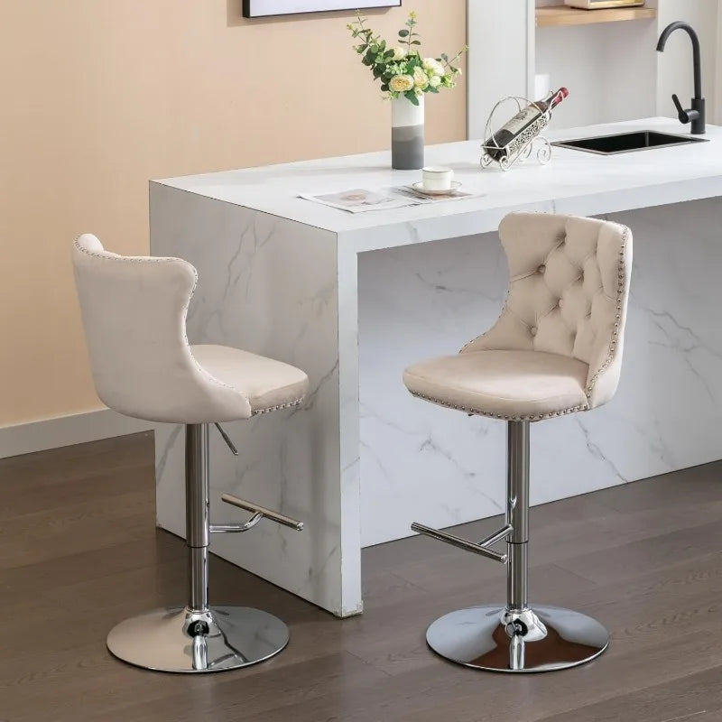 Swivel Bar Stools Set of 2, Adjustable Counter Height Barstools with Nailheads Trim, Button Tufted Back and Silver Footrest,