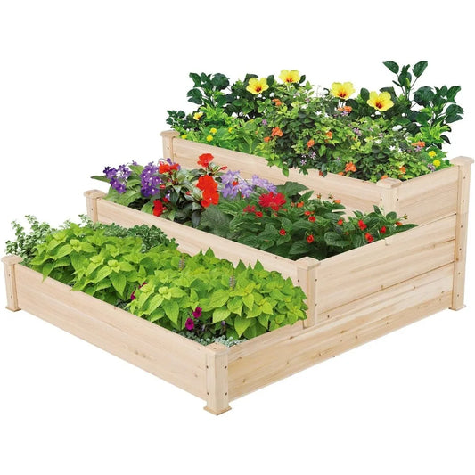 3 Tier 47 x 47 x 22in Raised Garden Bed/  Horticulture Outdoor Elevated Flower Box / Tiered Wooden Vegetables Growing Planter