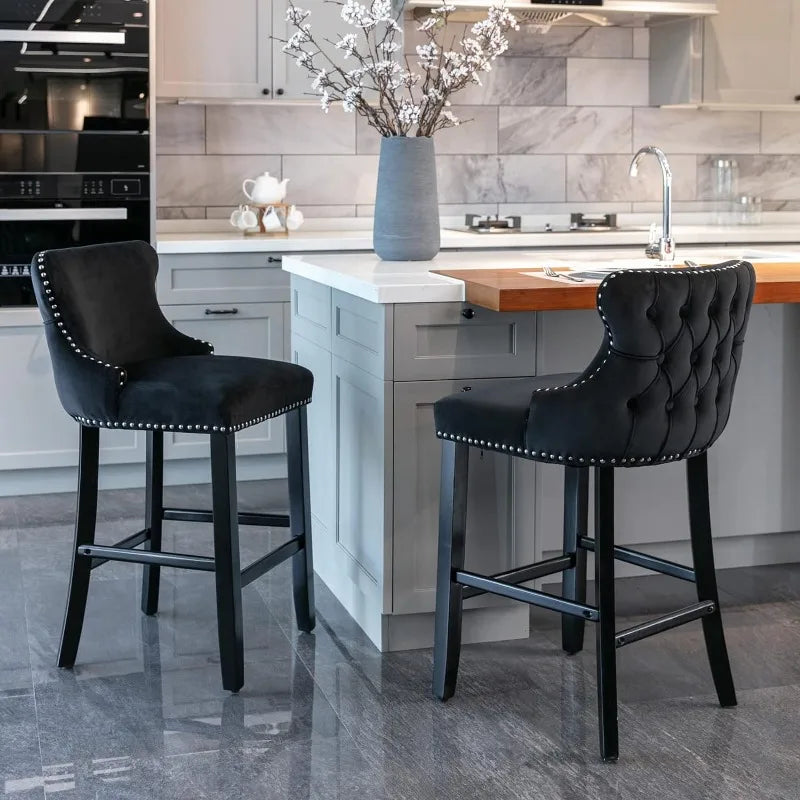 Bar Stools Set of 4 Counter Height, Velvet Upholstered Barstools with Solid Wood Legs, Button Tufted and Nailheads Trim