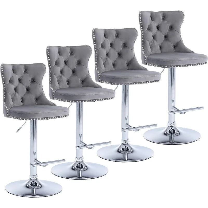 Swivel Bar Stools Set of 2, Adjustable Counter Height Barstools with Nailheads Trim, Button Tufted Back and Silver Footrest,