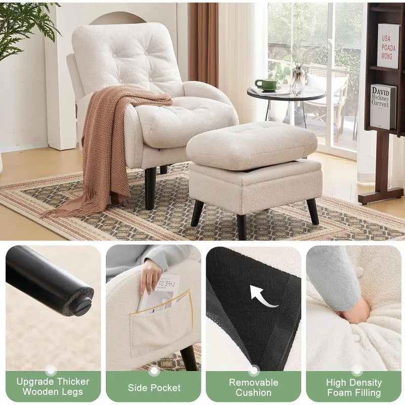 Accent Chair with Storage Ottoman,  Comfy Teddy Fabric  Adjustable Backrest & Side Pocket