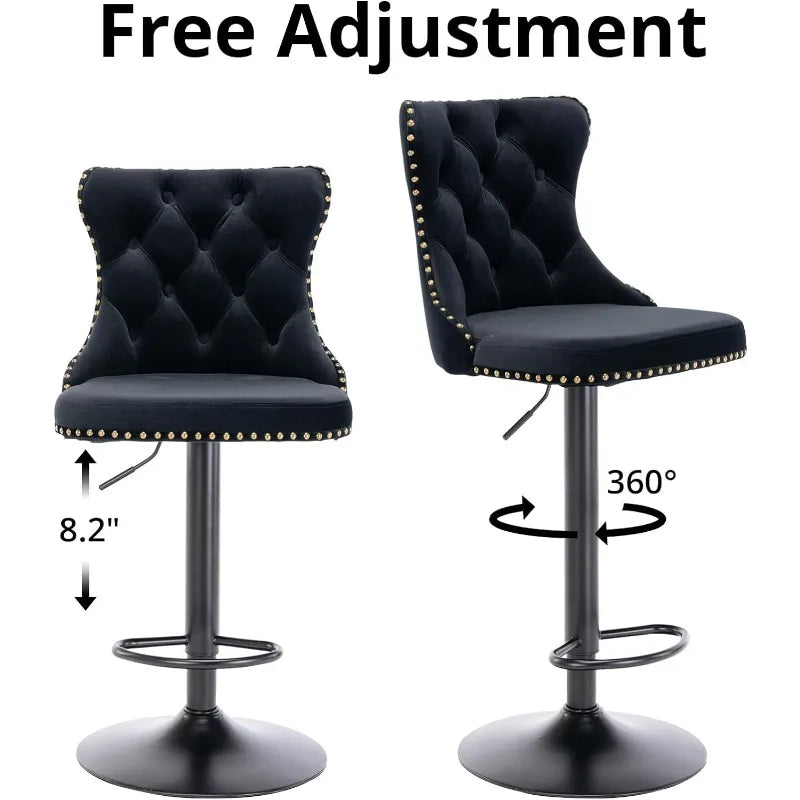 Swivel Bar Stools Set of 2, Adjustable Counter Height Barstools with Nailheads Trim, Button Tufted Back and Silver Footrest,