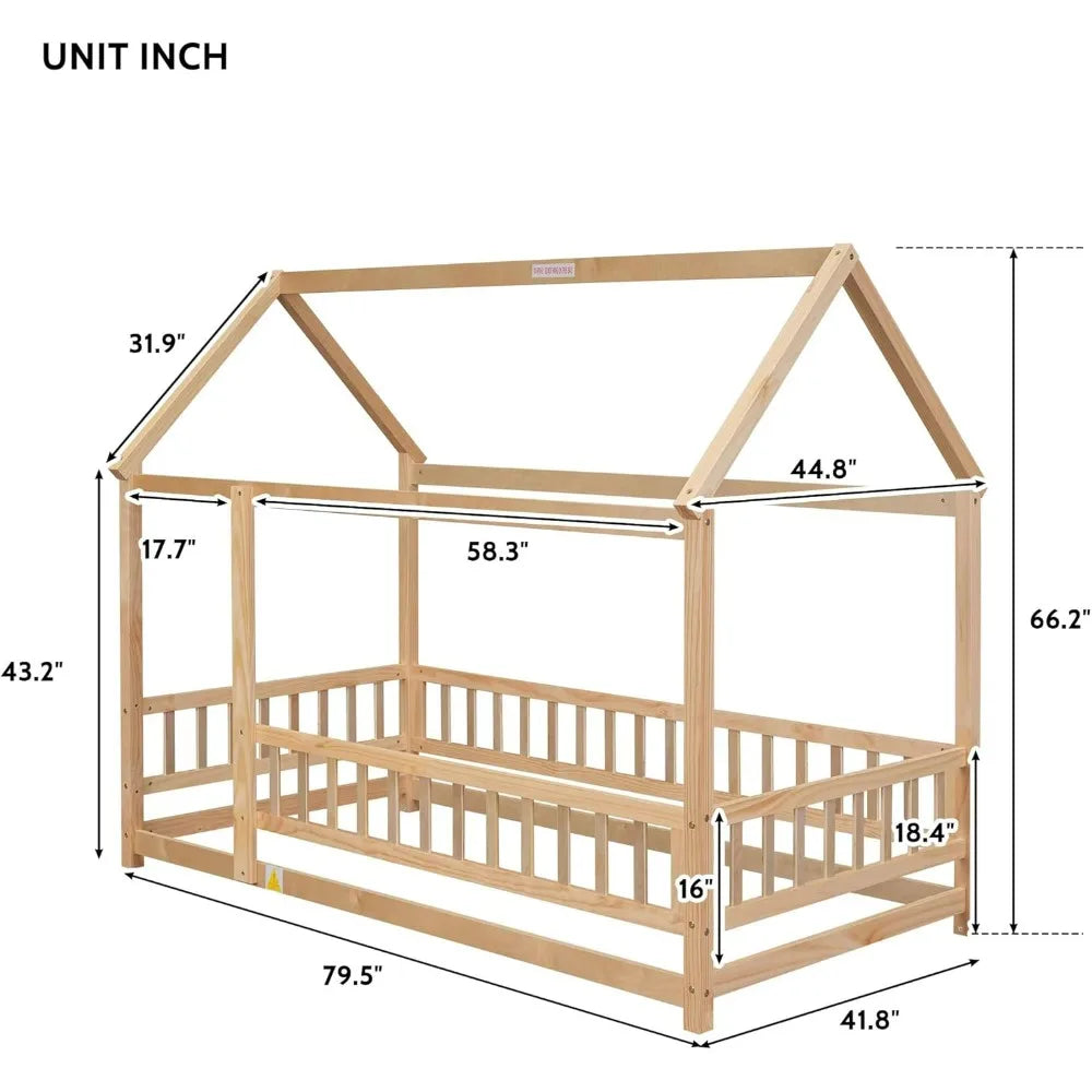 Kids' Twin Size House Frame Wooden Floor Bed with Fence