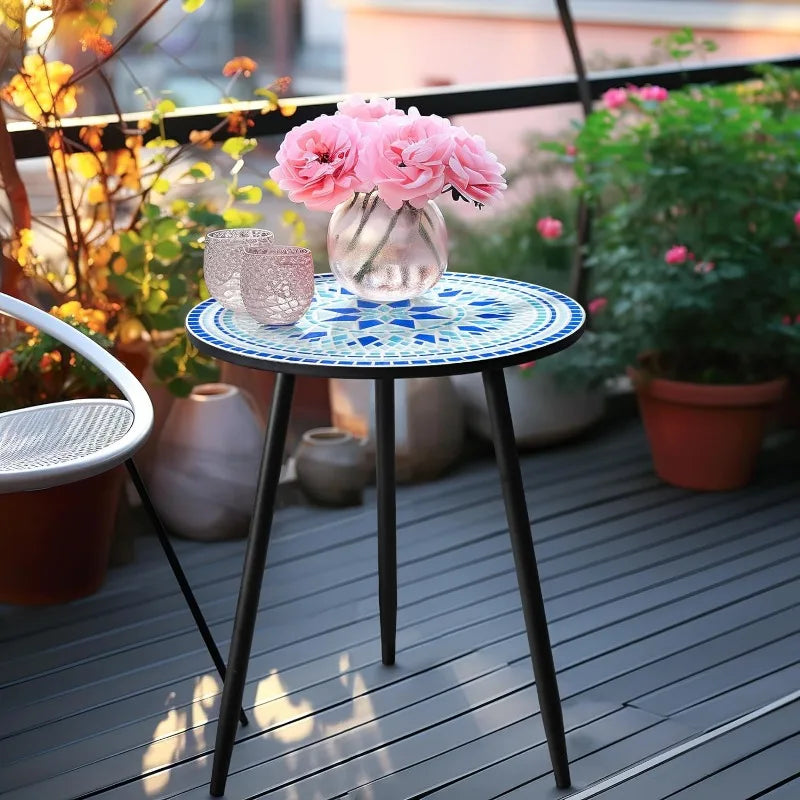 Round Side End Table, 16" Unique Relief Ceramic Tile Table Top with Metal Structure, Small Accent Coffee Tables