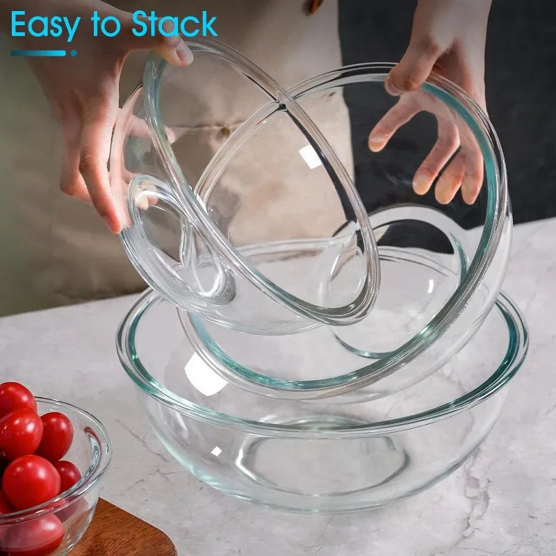 3 Piece Glass Mixing Bowls set,Glass Nesting Bowls, Clear Salad Mixing Bowl for Kitchen, Cooking, Baking, Prepping,Microwave