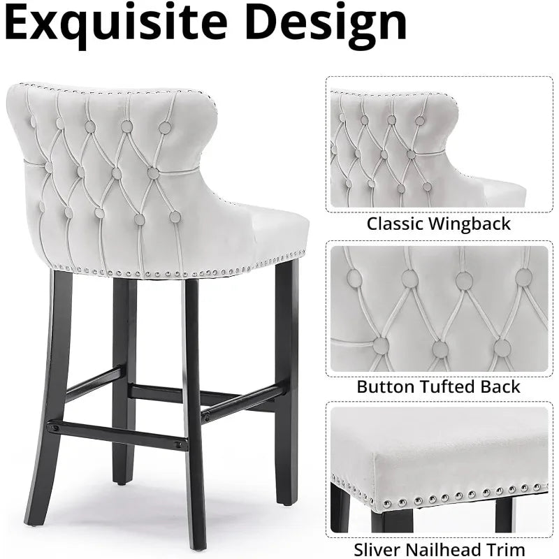 Bar Stools Set of 4 Counter Height, Velvet Upholstered Barstools with Solid Wood Legs, Button Tufted and Nailheads Trim