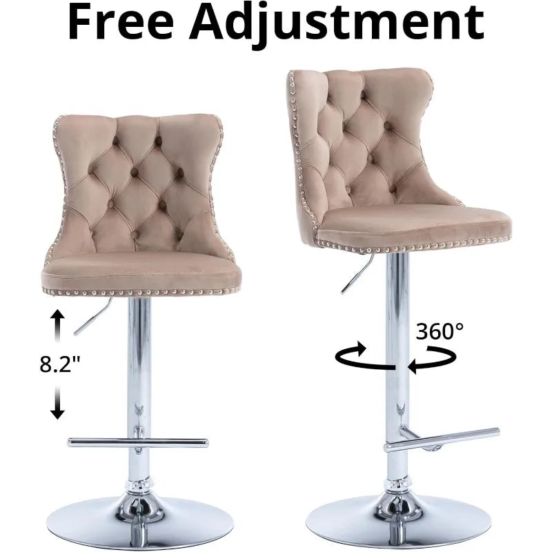 Swivel Bar Stools Set of 2, Adjustable Counter Height Barstools with Nailheads Trim, Button Tufted Back and Silver Footrest,