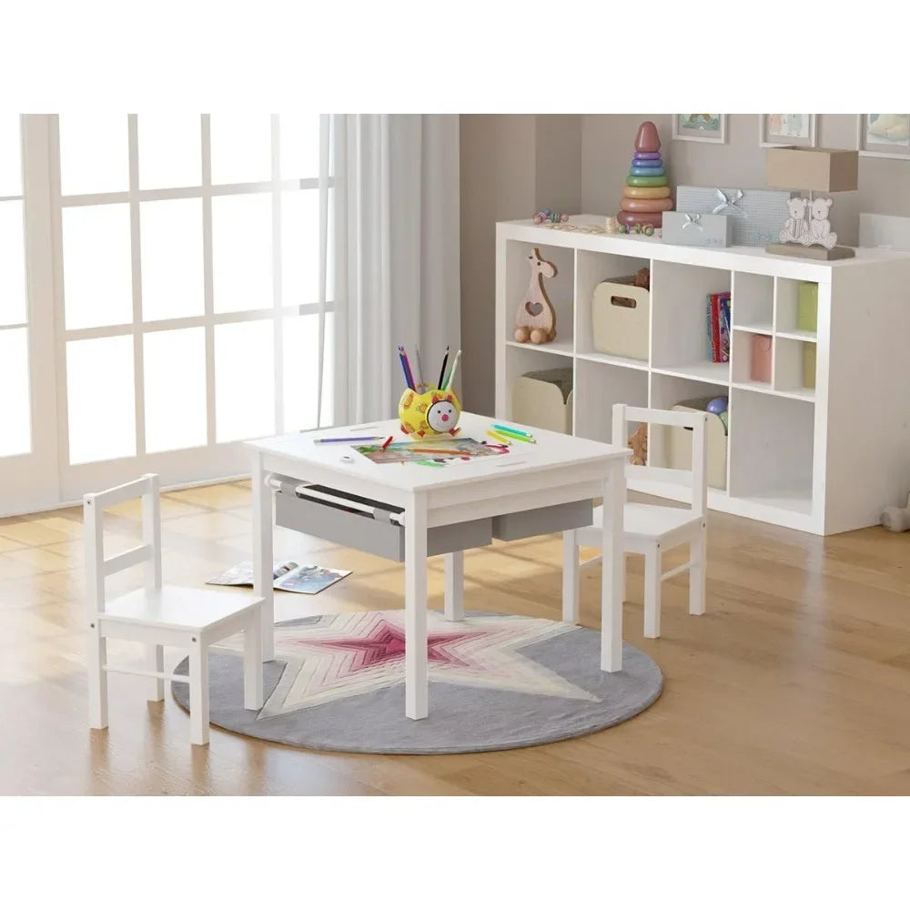 Wooden 2 in 1 Kids Construction Play Table; 2 Chair Set with Storage Drawers; and Built in Plate Compatible with Lego Table