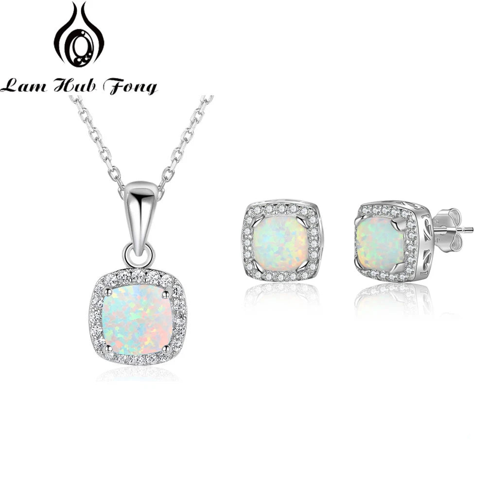 Opal Jewelry Sets for Women /Square White Opal Necklace Earrings /Wedding Bridal  Festive Occasions