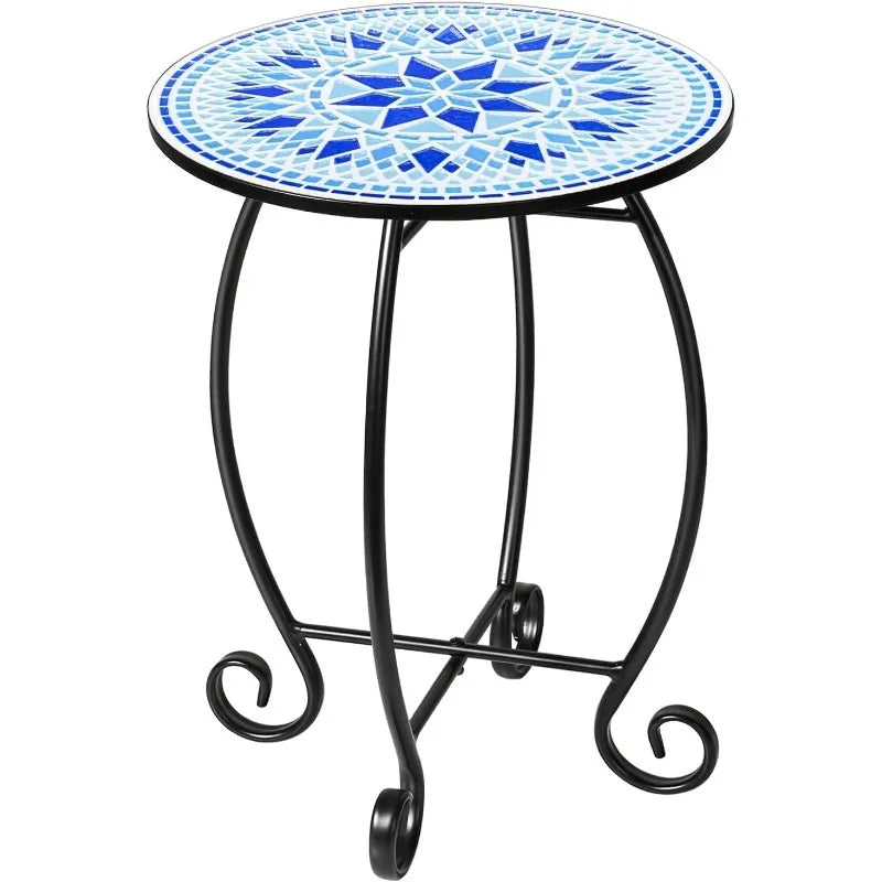 Round Side End Table, 16" Unique Relief Ceramic Tile Table Top with Metal Structure, Small Accent Coffee Tables