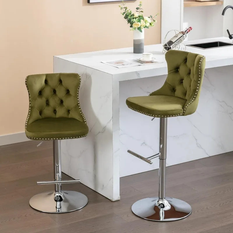 Swivel Bar Stools Set of 2, Adjustable Counter Height Barstools with Nailheads Trim, Button Tufted Back and Silver Footrest,