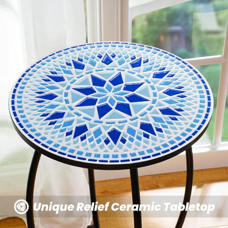 Round Side End Table, 16" Unique Relief Ceramic Tile Table Top with Metal Structure, Small Accent Coffee Tables