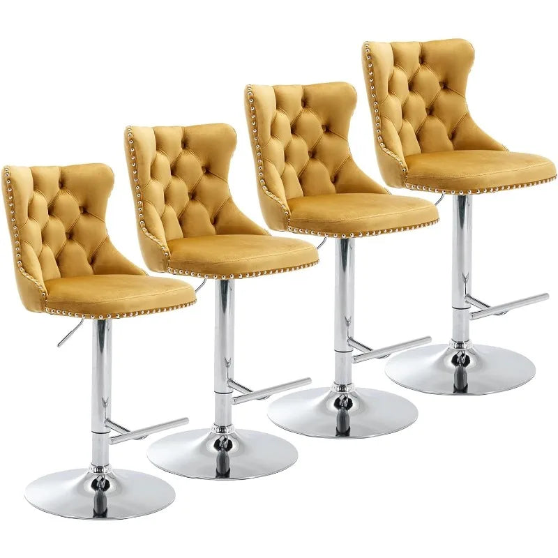 Swivel Bar Stools Set of 2, Adjustable Counter Height Barstools with Nailheads Trim, Button Tufted Back and Silver Footrest,