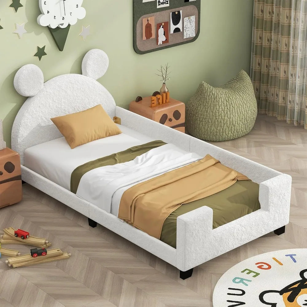 Upholstered Twin Size PU Leather Platform Bed with Carton Ears Shaped Headboard