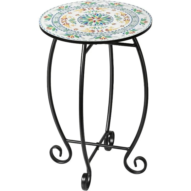 Round Side End Table, 16" Unique Relief Ceramic Tile Table Top with Metal Structure, Small Accent Coffee Tables