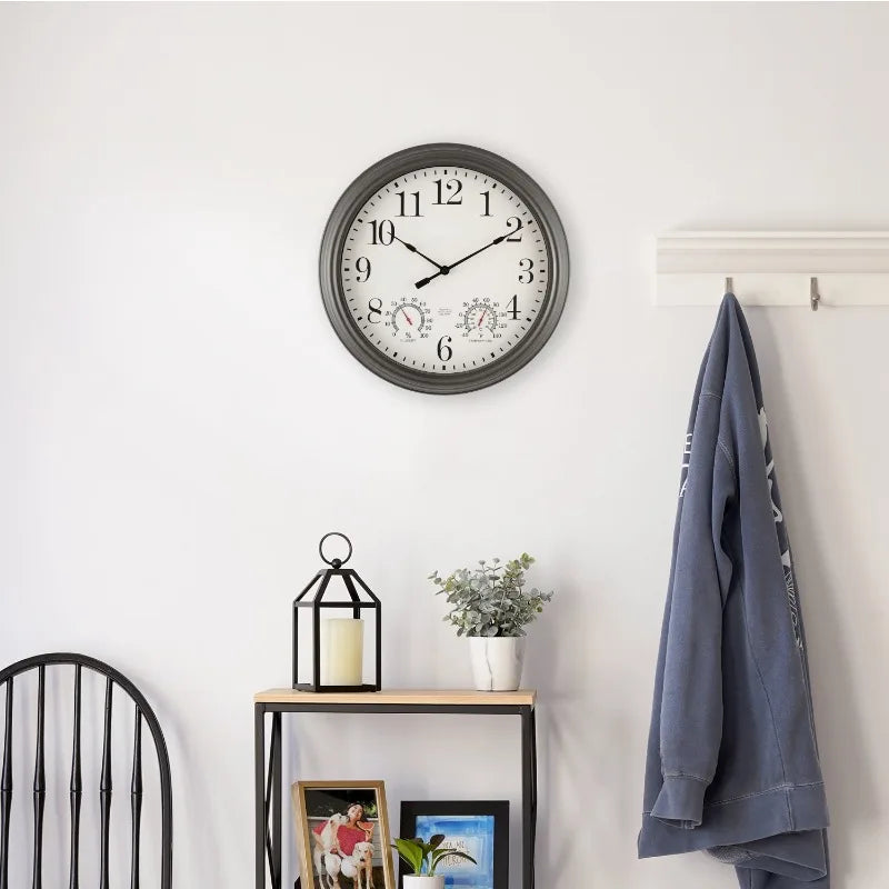 15.5" Indoor/Outdoor Gray Gunmetal Finish Analog Wall Clock with thermometer and hygrometer.