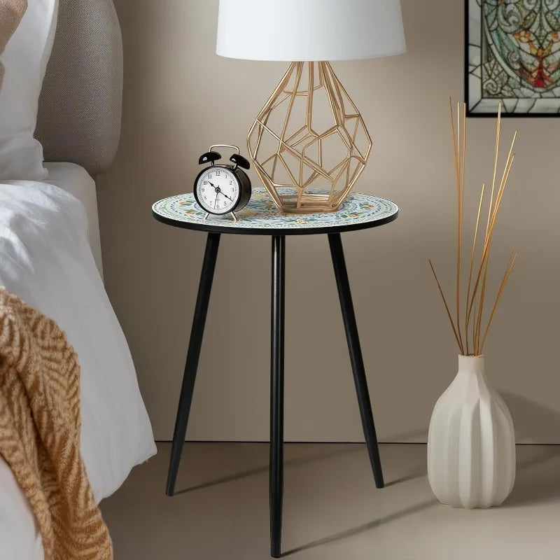 Round Side End Table, 16" Unique Relief Ceramic Tile Table Top with Metal Structure, Small Accent Coffee Tables