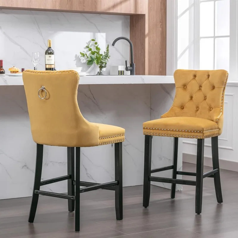 Bar Stools Set of 4 Counter Height, Velvet Upholstered Barstools with Solid Wood Legs, Button Tufted and Nailheads Trim