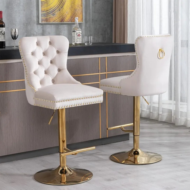 Swivel Bar Stools Set of 2, Adjustable Counter Height Barstools with Nailheads Trim, Button Tufted Back and Silver Footrest,