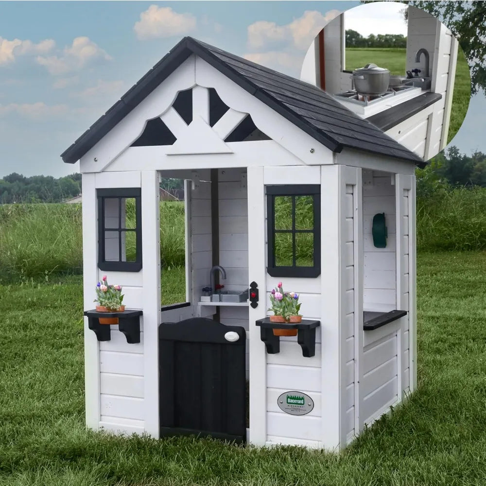 All Cedar White Outdoor Wooden Playhouse, Cottage, Sink, Stove, Windows