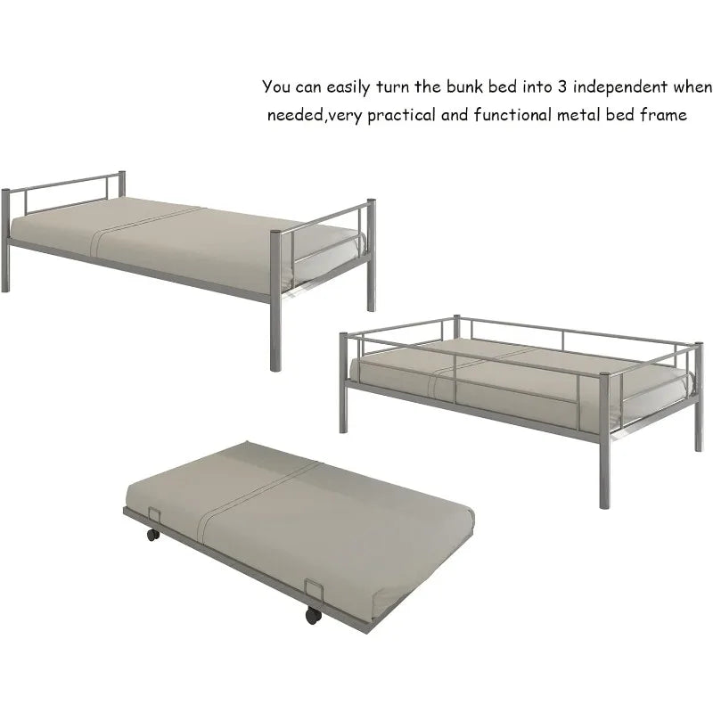 Metal Bunk Bed with Trundle Twin / Beds with Slats Heavy Duty Frame for Adults,/Teens