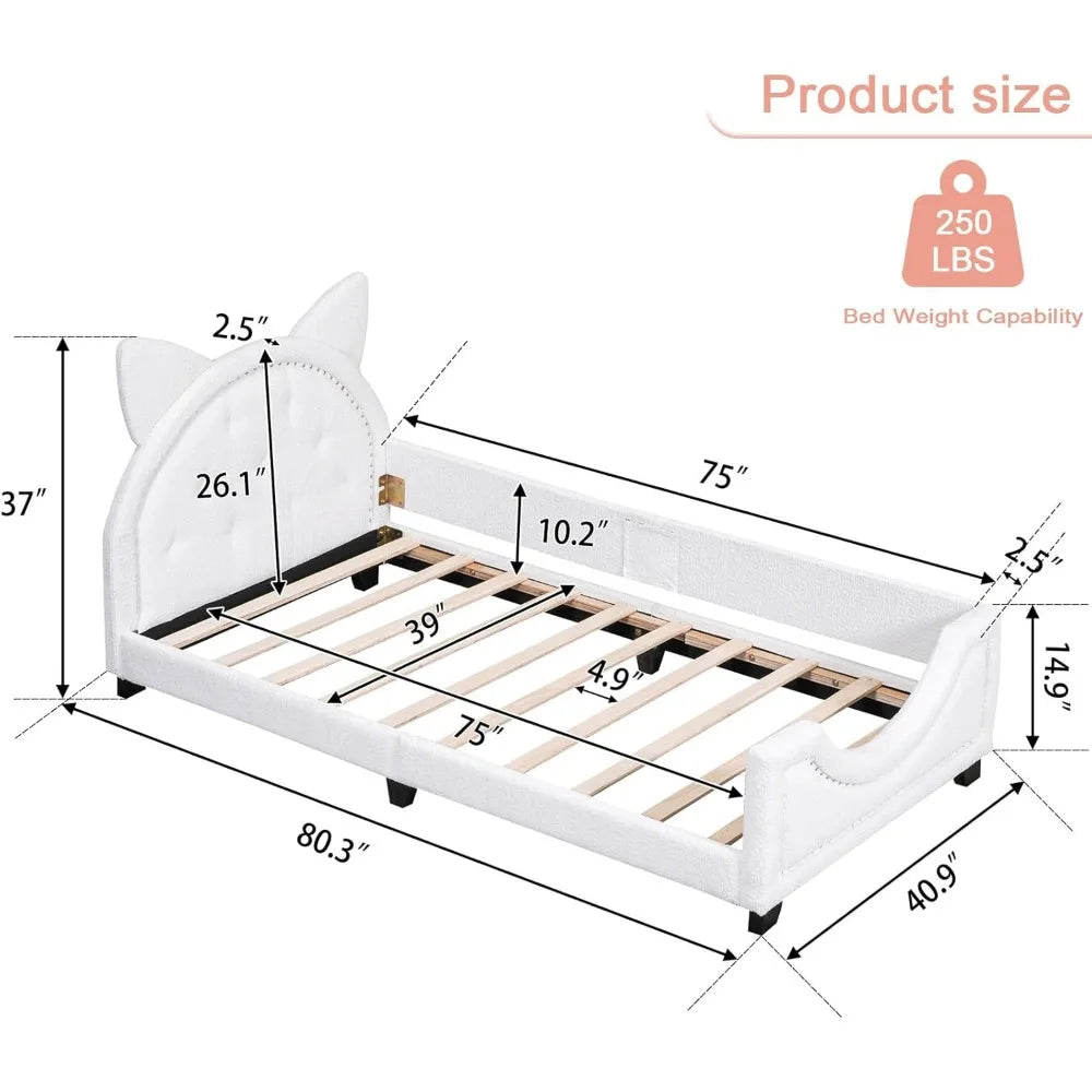 Upholstered Twin Size PU Leather Platform Bed with Carton Ears Shaped Headboard