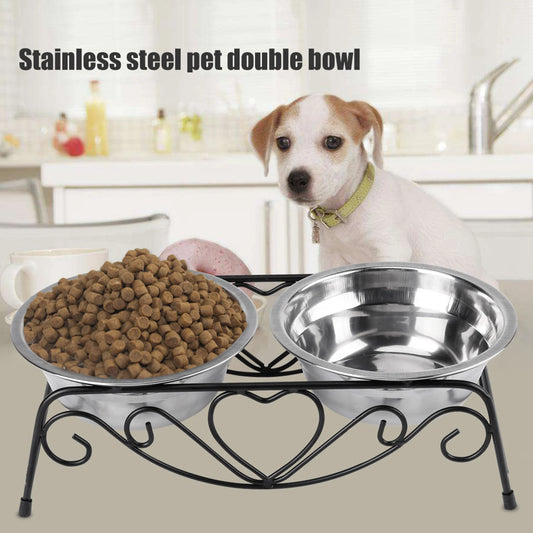 Double Dog Cat Food Water Bowls Feeder Dishes Shelf Stand Black Stainless Steel Suitable for Cat Puppy