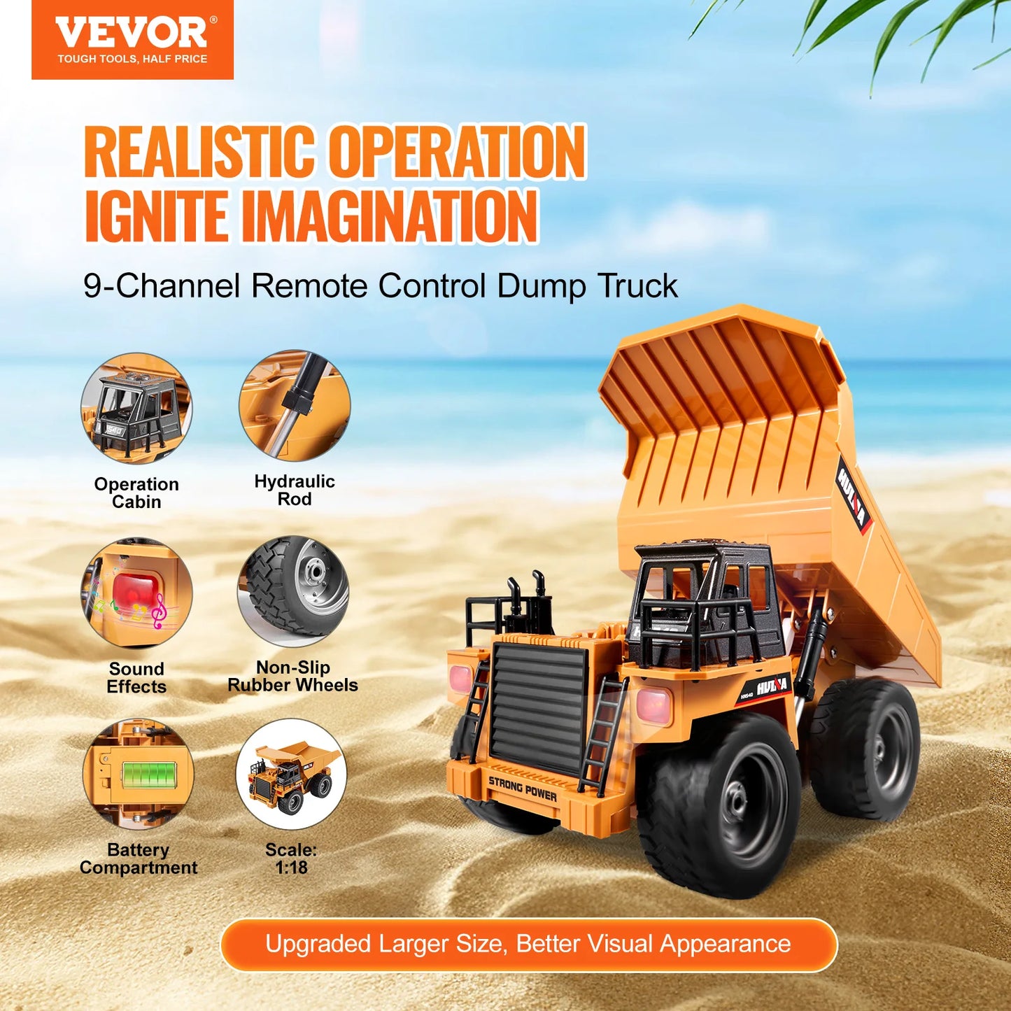 VEVOR Remote Control Dump Truck Toy, 9-Channel with Batteries