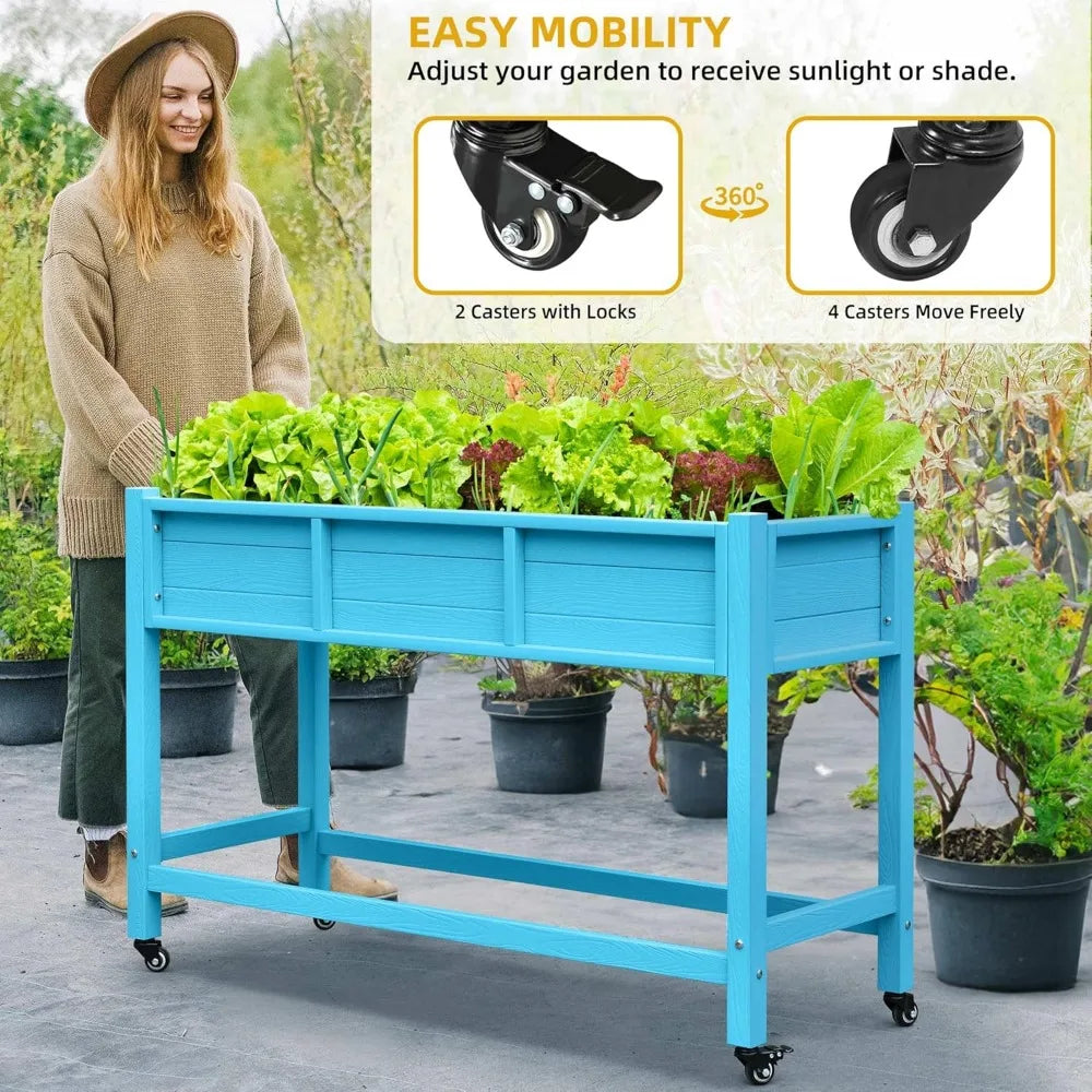 Raised Garden Bed, Weather Resistant Poly Wood Planter Box with Legs & Lockable Wheels, Garden Bed for Backyard Patio /Balcony