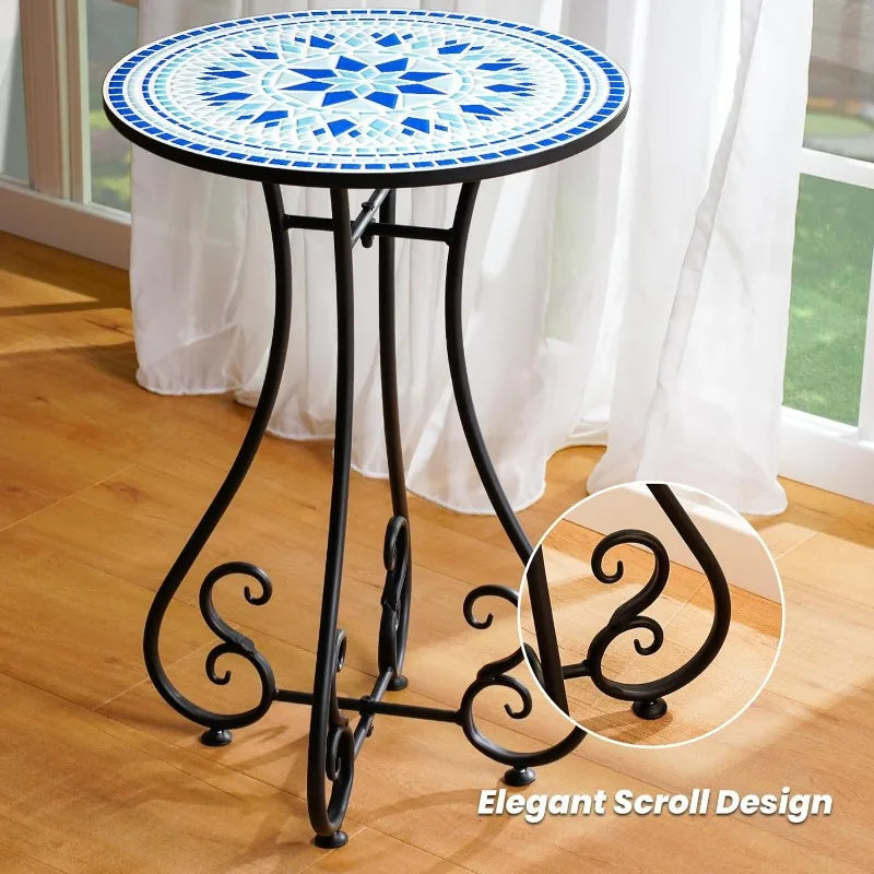 Round Side End Table, 16" Unique Relief Ceramic Tile Table Top with Metal Structure, Small Accent Coffee Tables