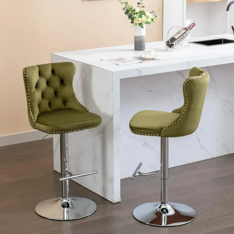 Swivel Bar Stools Set of 2, Adjustable Counter Height Barstools with Nailheads Trim, Button Tufted Back and Silver Footrest,