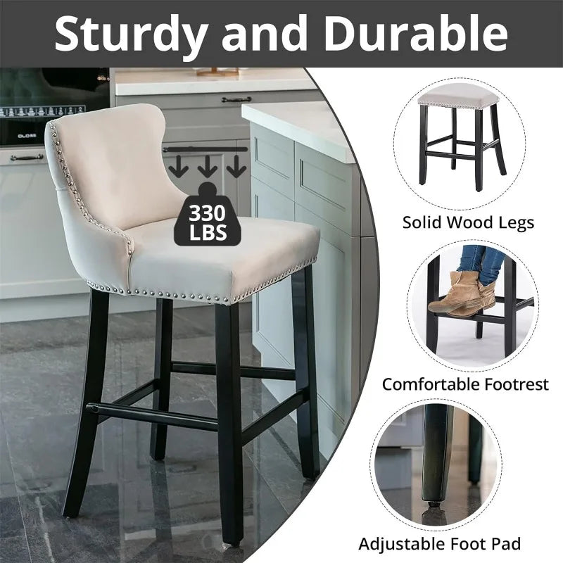 Bar Stools Set of 4 Counter Height, Velvet Upholstered Barstools with Solid Wood Legs, Button Tufted and Nailheads Trim