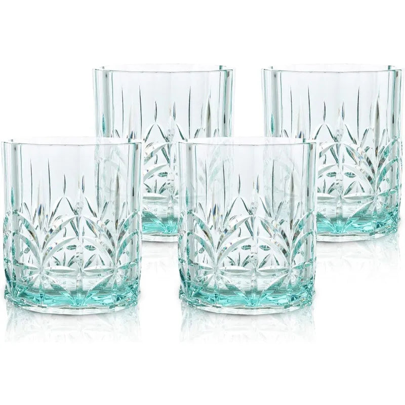 Shatterproof Tritan Plastic Short Tumbler, Set of 4, 13oz - Myrtle Beach Unbreakable Crystal Cut Old Fashioned Drinking Glasses