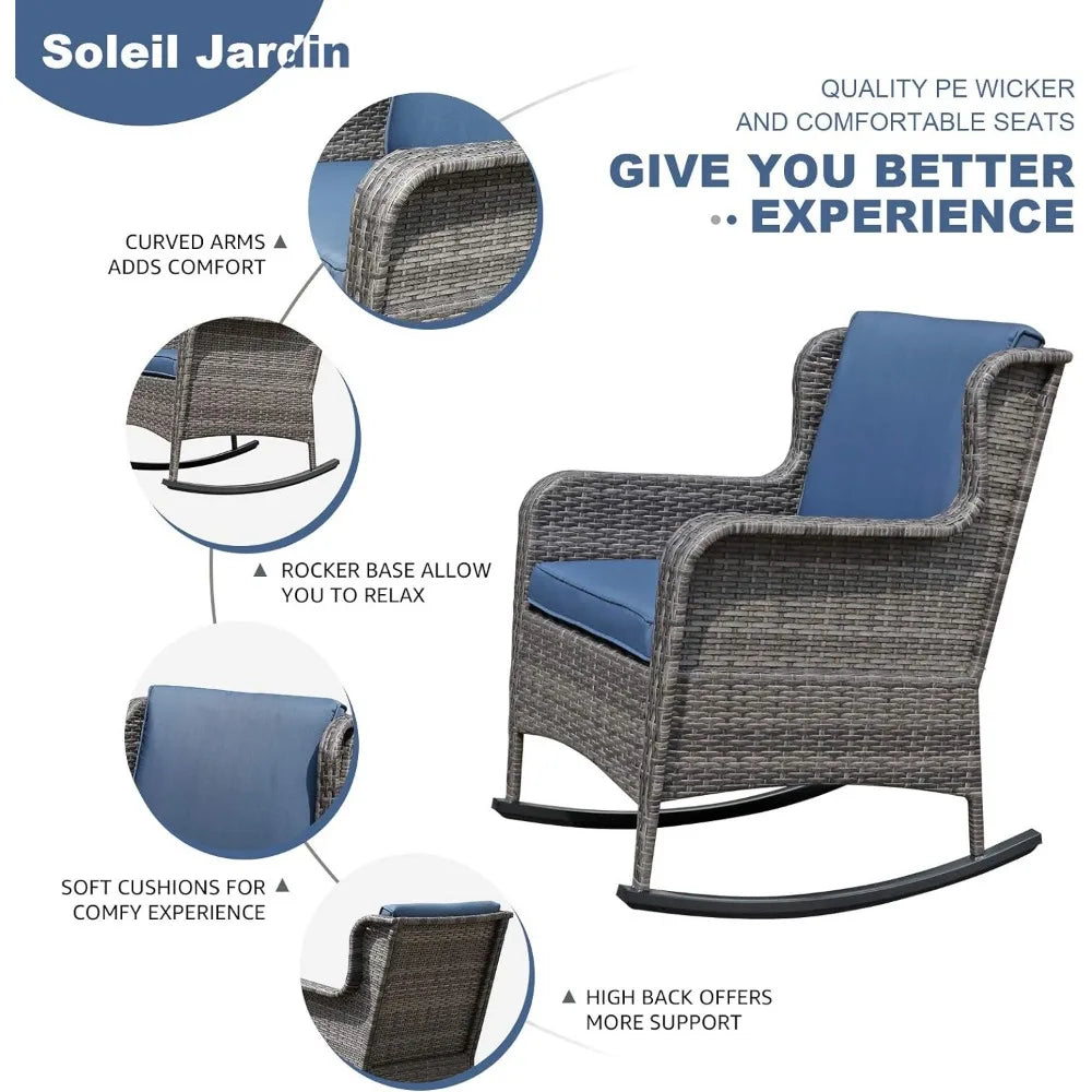 Outdoor Resin Wicker Rocking Chair with Cushions, Patio Yard Furniture Club Rocker Chair, Gray Wicker & Navy Cushions