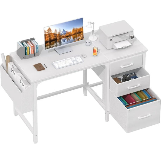 White Computer Desk with File Drawers Cabinet, 47 Inch Home Office Desks with Fabric Filing Cabinet for Small Space