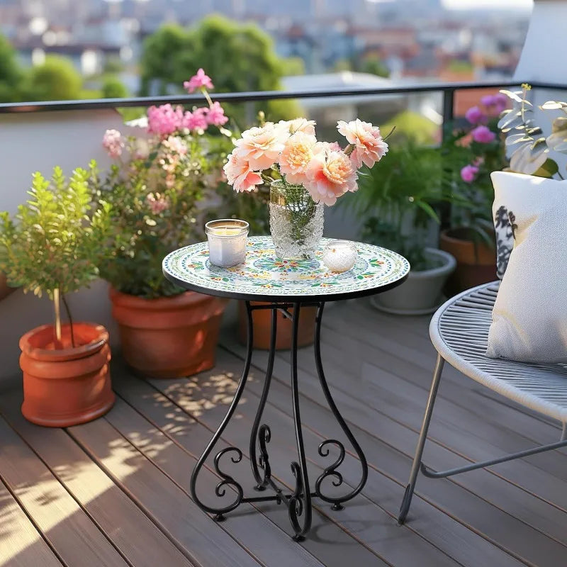 Round Side End Table, 16" Unique Relief Ceramic Tile Table Top with Metal Structure, Small Accent Coffee Tables