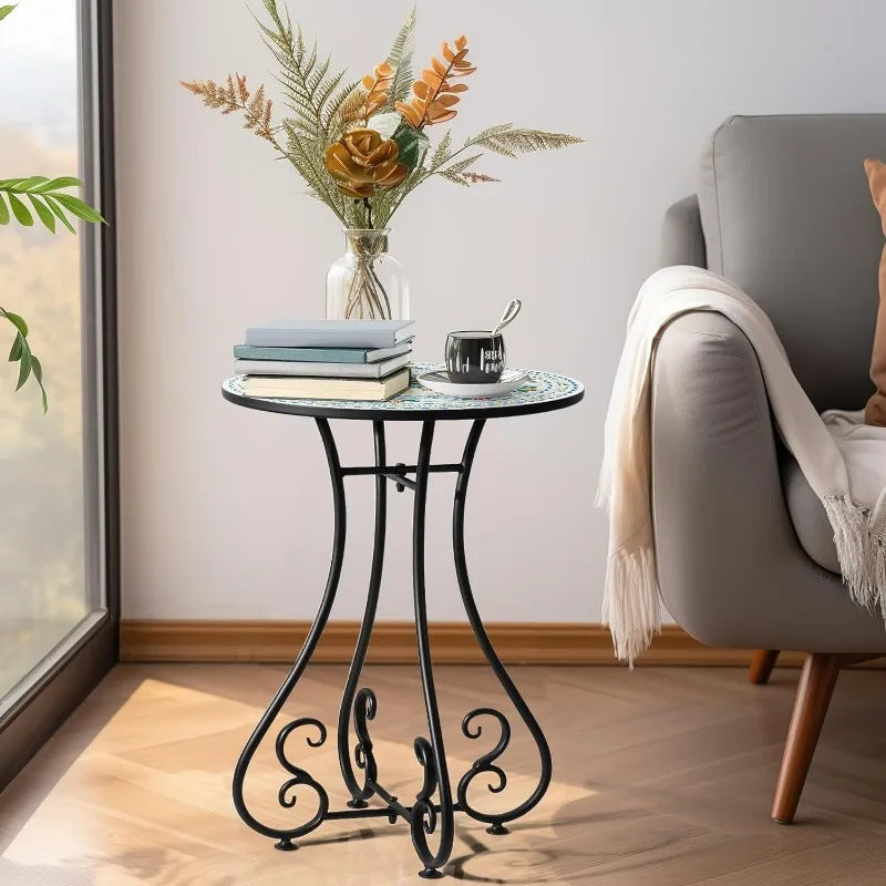 Round Side End Table, 16" Unique Relief Ceramic Tile Table Top with Metal Structure, Small Accent Coffee Tables